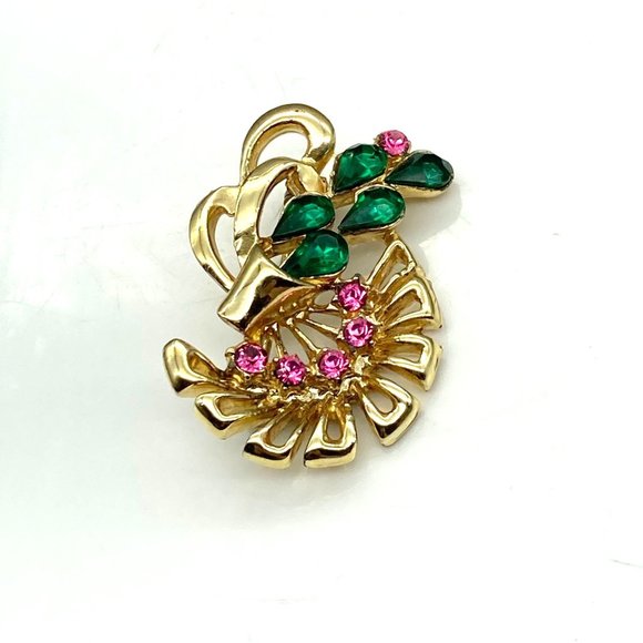Vintage Blooming Cactus Brooch, Bright Floral Green and Pink Crystals on Gold - Picture 2 of 4